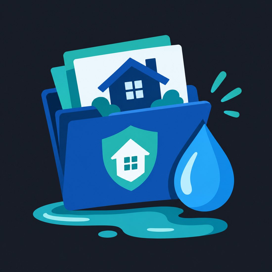 Illustration of a home insurance claim folder with a water drop for a Gardena, CA home