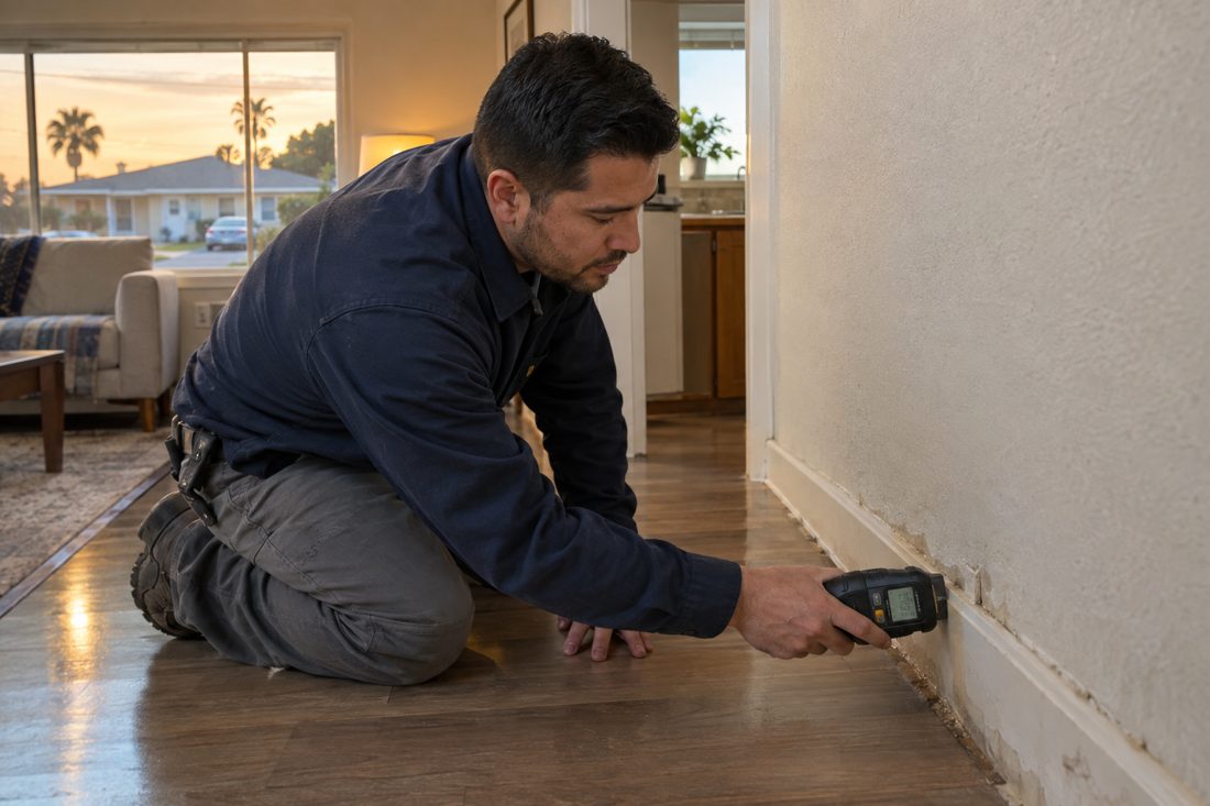 Close view of a technician measuring moisture along baseboards inside a Lawndale ranch home after a supply-line leak in Lawndale, CA